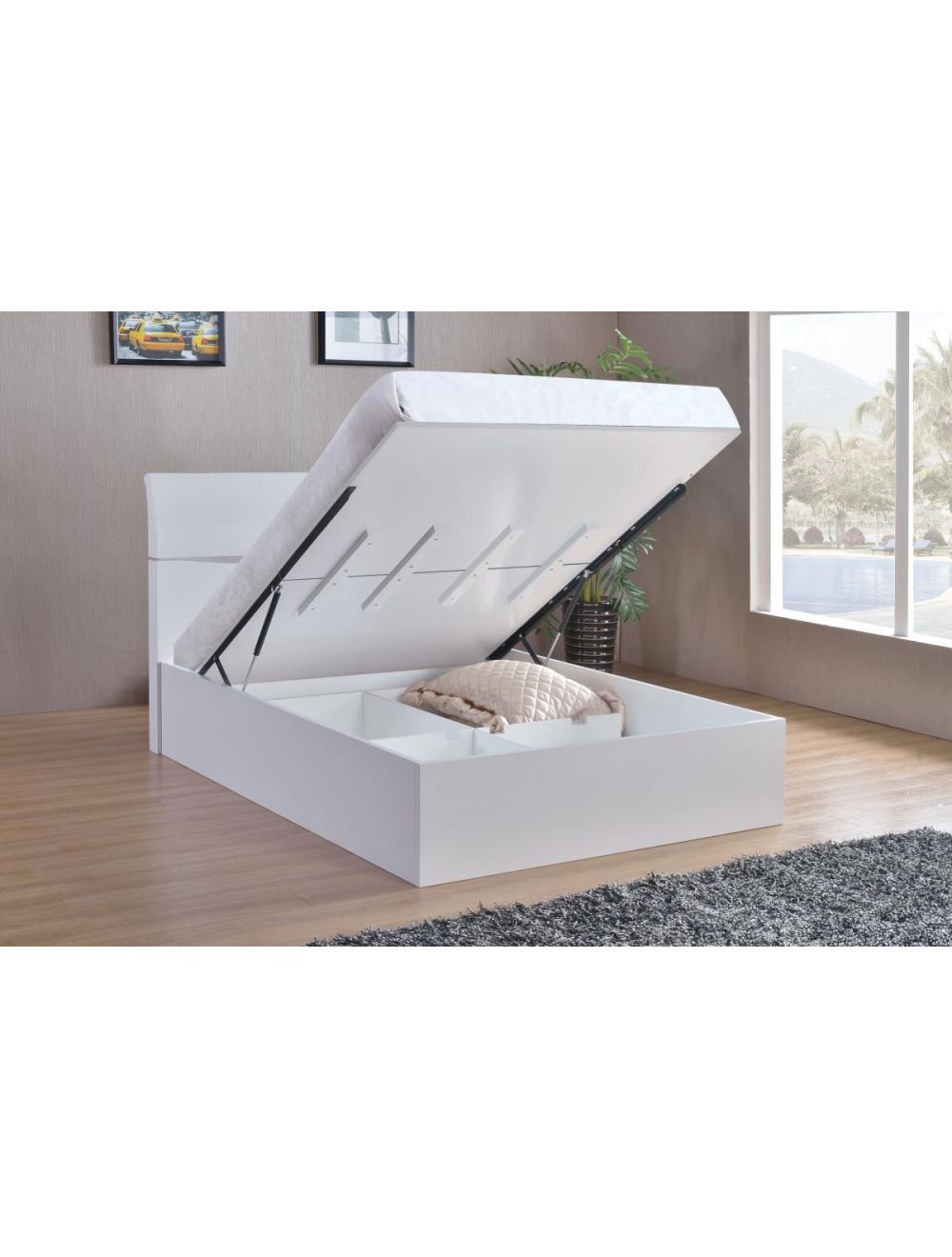 Arden White High Gloss Double Storage Bed, White Gloss Bed Frame With Storage