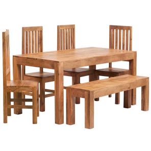 Toko Light Mango Large Dining Set with Bench and 4 Wooden Chairs