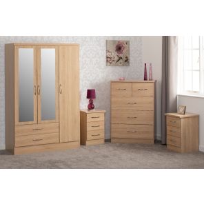 Nevada Oak 3 Door 2 Drawer Mirrored Wardrobe Bedroom Set
