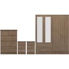 Nevada Rustic Oak 4 Door 2 Drawer Mirrored Wardrobe Bedroom Set
